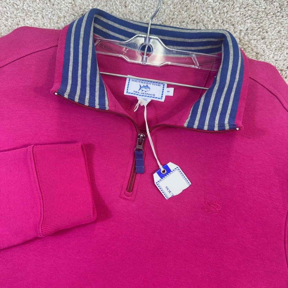 Southern Tide 1/4 Zip Pullover Men Medium Pink Striped Collar Skipjack Logo
